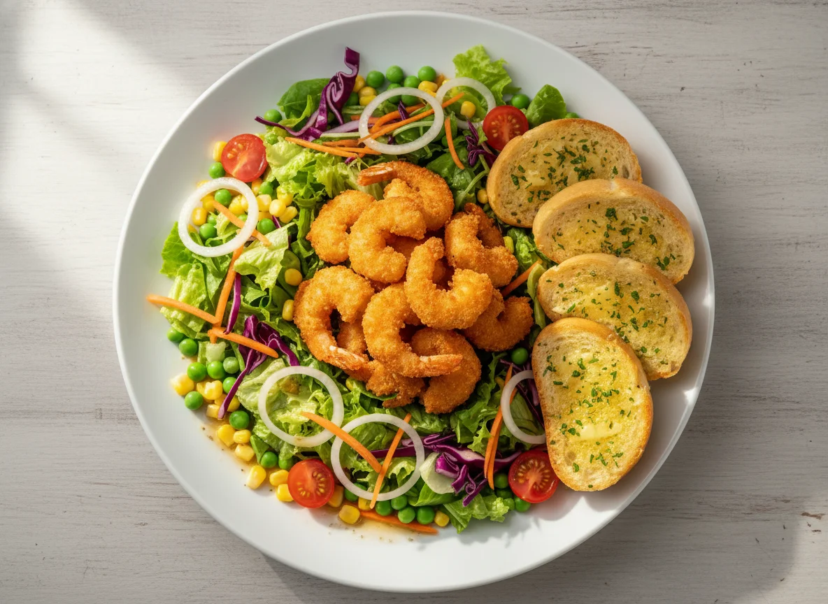 Garnelen und gemischter Salat mit Knoblauchbrot photo