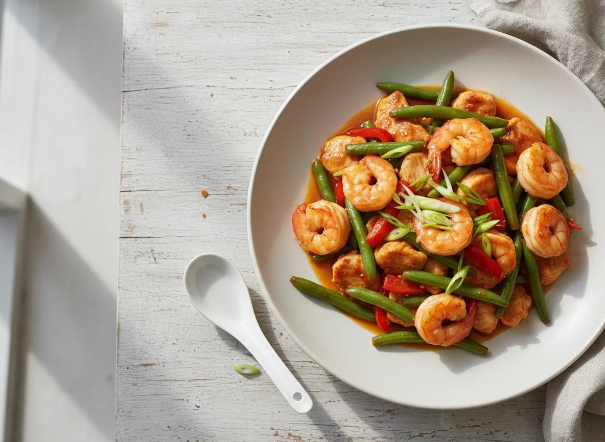 Garnelen und Hähnchen in Sauce photo