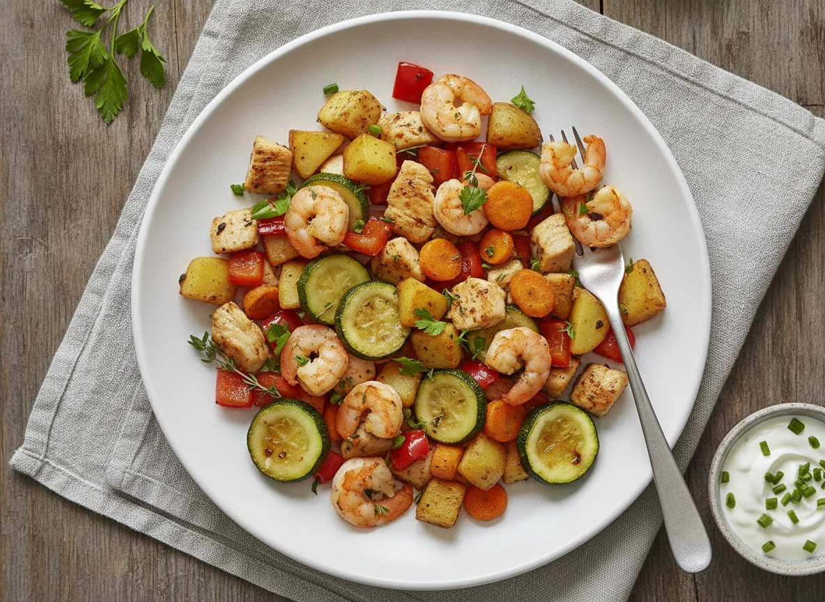 Garnelen- und Hähnchenpfanne mit Zucchini und Gemüse photo