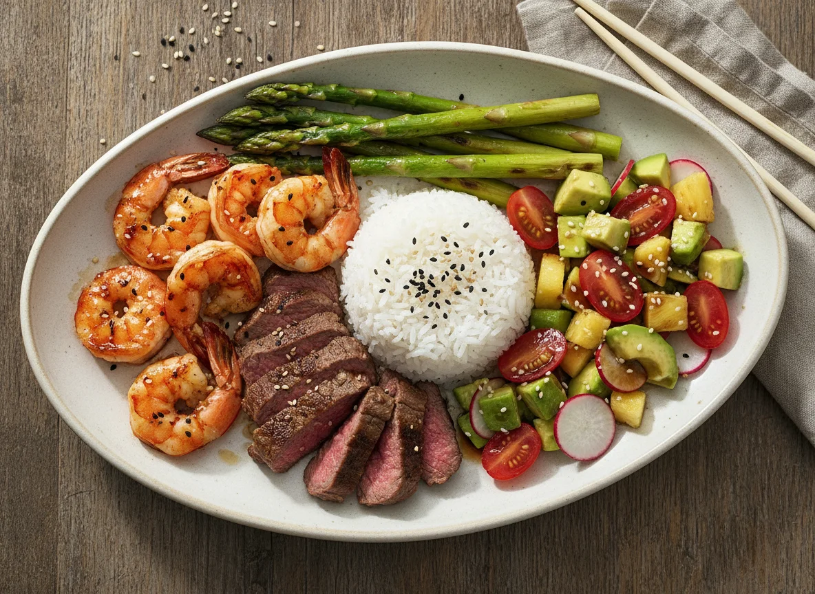 Garnelen- und Rindfleischgericht mit Spargel und Avocado-Salat photo
