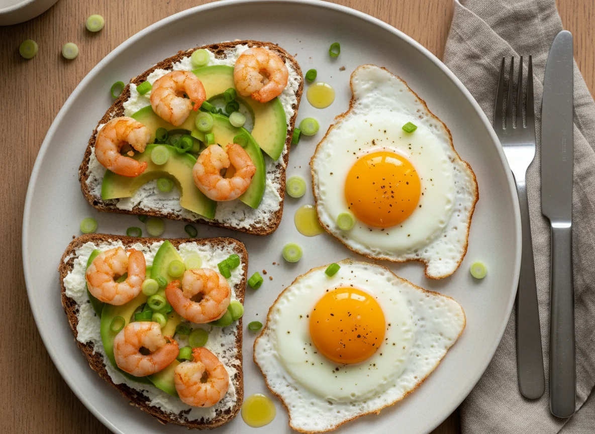 Garnelen-Avocado-Toast mit Spiegeleiern photo