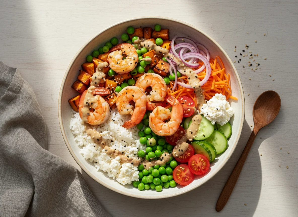 Garnelen-Bowl mit Süßkartoffel und Gemüse photo