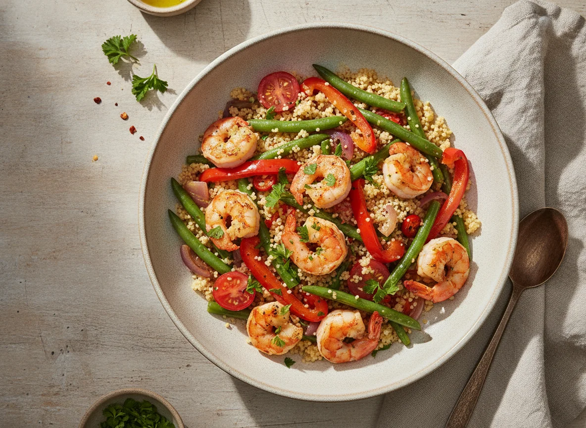 Garnelen-Couscous-Bowl mit grünen Bohnen und Paprika photo