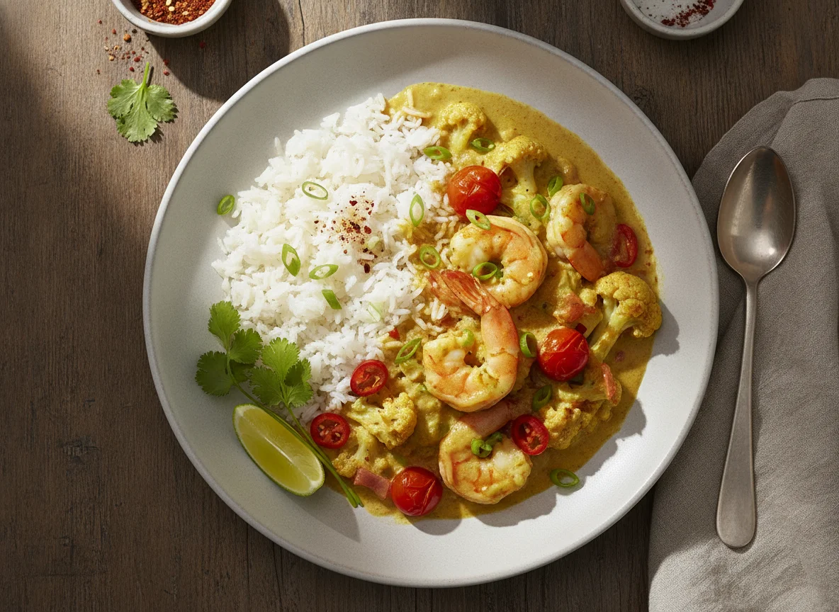Garnelen-Curry mit Blumenkohl, Tomaten und Reis photo