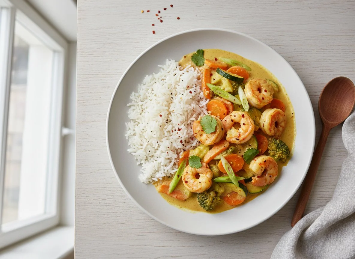 Garnelen-Curry mit Reis und Gemüse photo