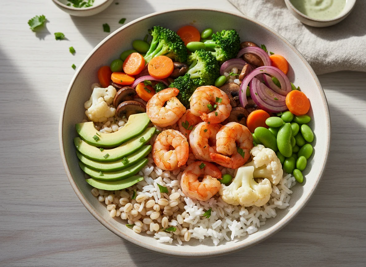 Garnelen-Gemüse-Bowl mit Reis und Avocado photo