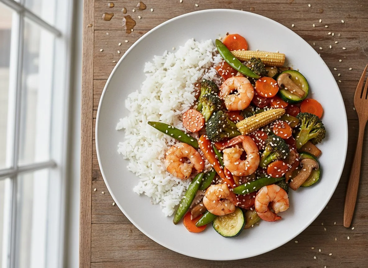 Garnelen-Gemüse-Pfanne mit Reis photo