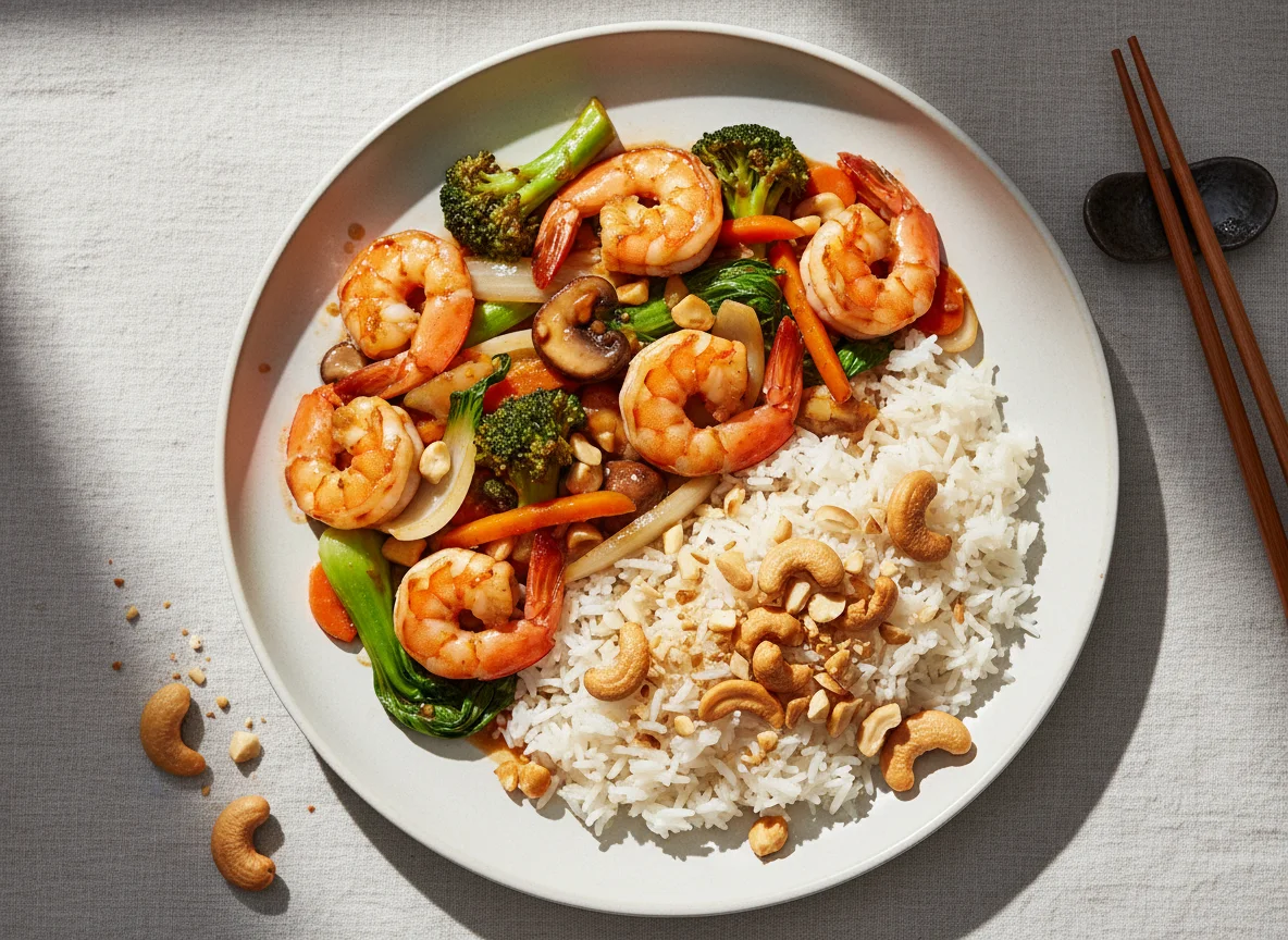 Garnelen-Gemüse-Pfanne mit Reis und Cashewkernen photo