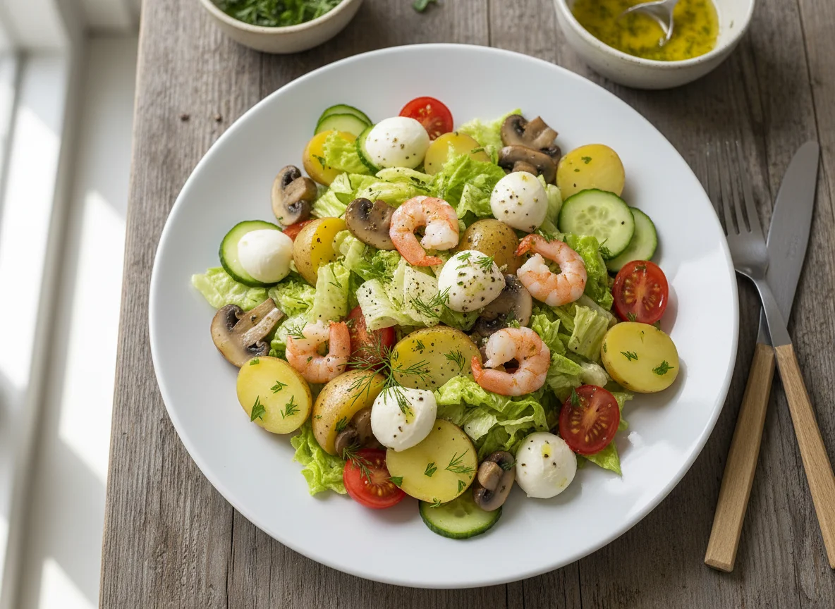 Garnelen-Kartoffel-Salat mit Mozzarella und Pilzen photo