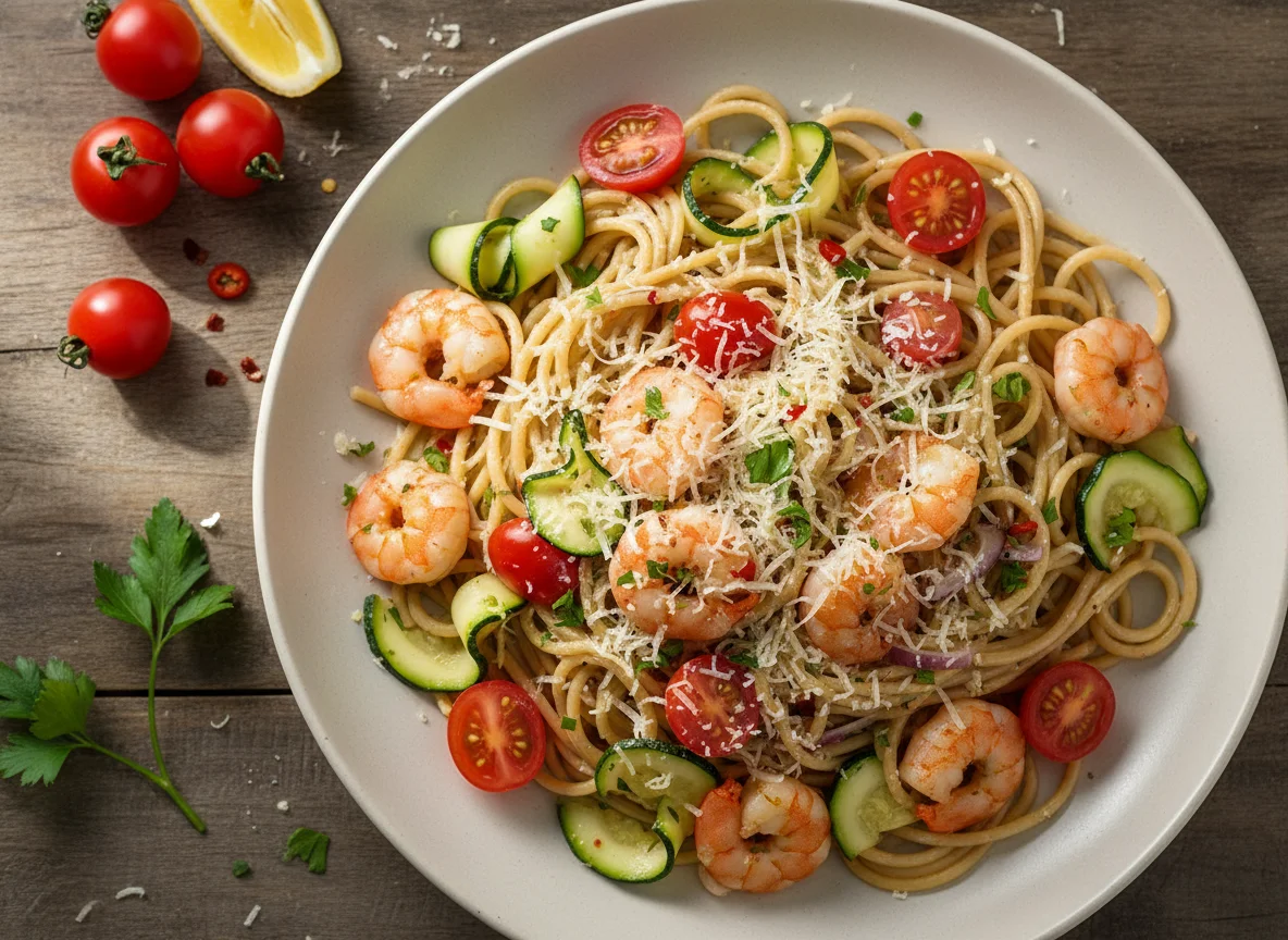 Garnelen-Käse-Spaghetti mit Kirschtomaten und Zucchini photo