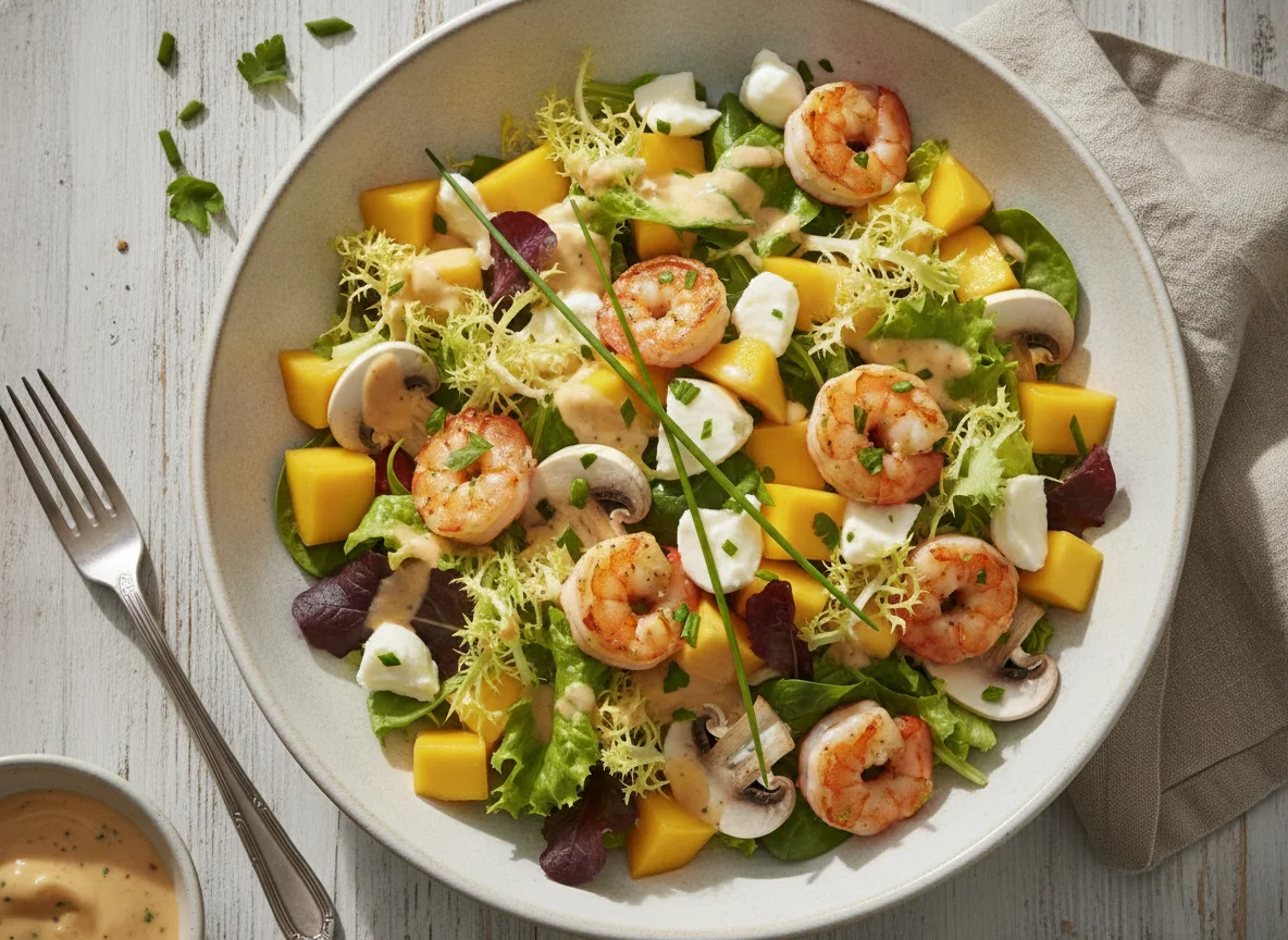 Garnelen-Mango-Salat mit Pilzen und Mozzarella photo