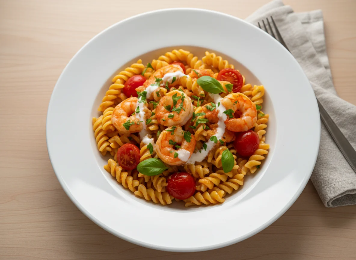 Garnelen-Nudelgericht mit Tomaten photo