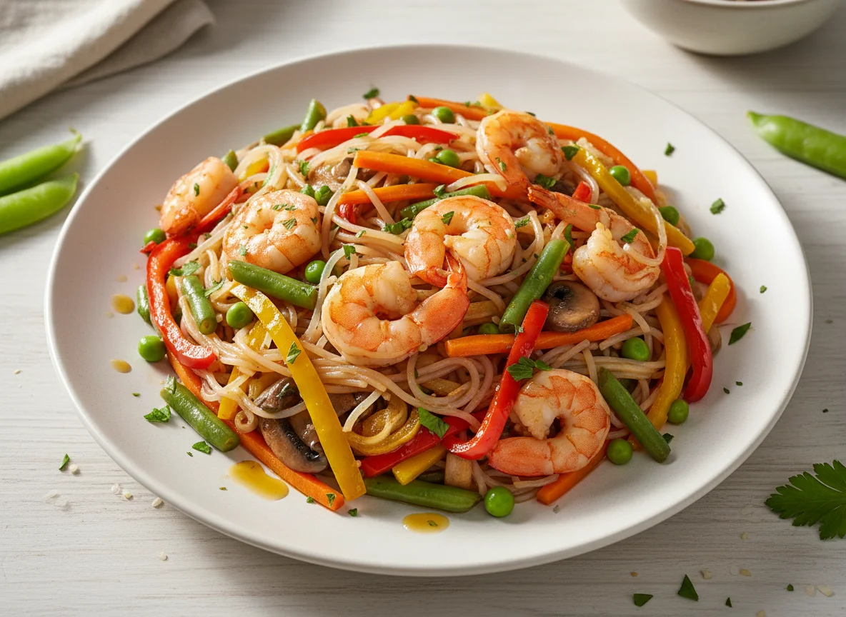 Garnelen-Nudelpfanne mit Gemüse photo