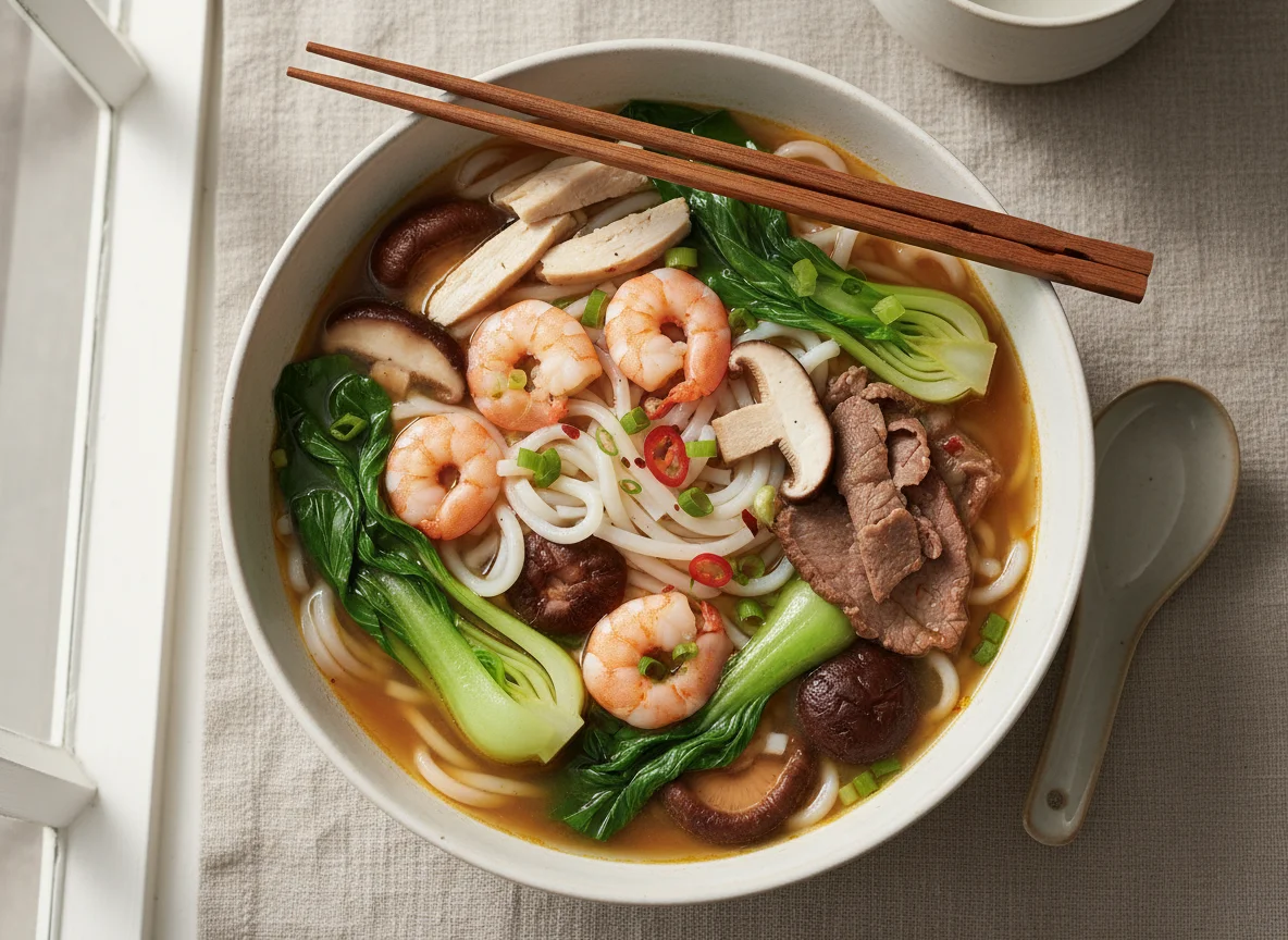 Garnelen-Nudelsuppe mit Pak Choi und Pilzen photo