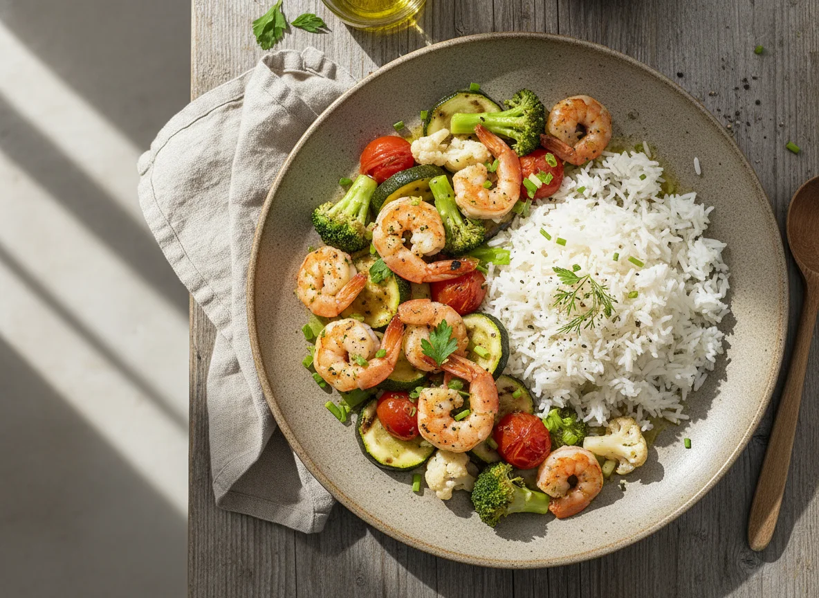 Garnelen-Pfanne mit Basmati-Reis und Gemüse photo