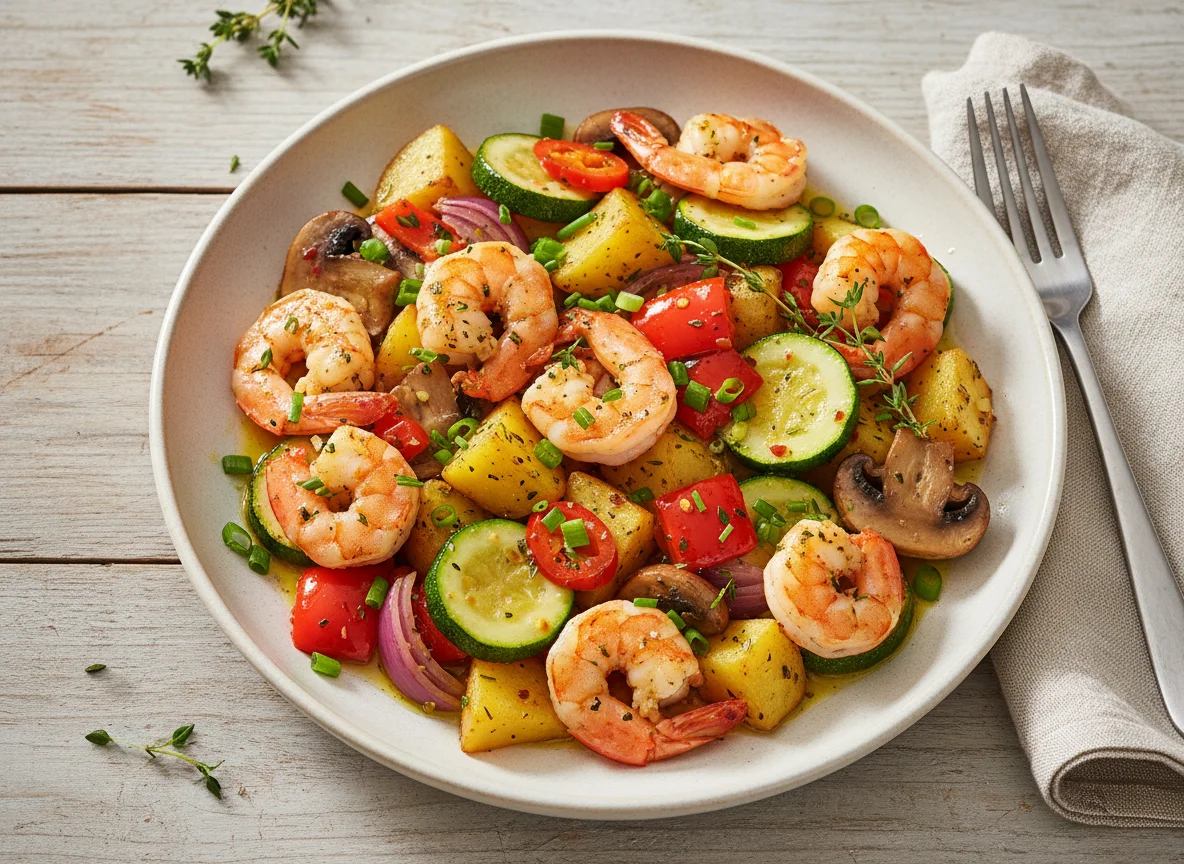 Garnelenpfanne mit Gemüse und Kartoffeln photo