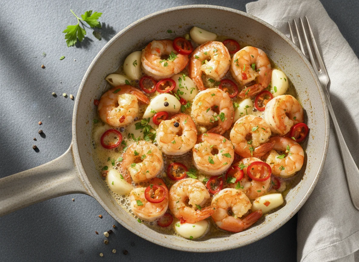 Garnelenpfanne mit Knoblauch und Chili photo