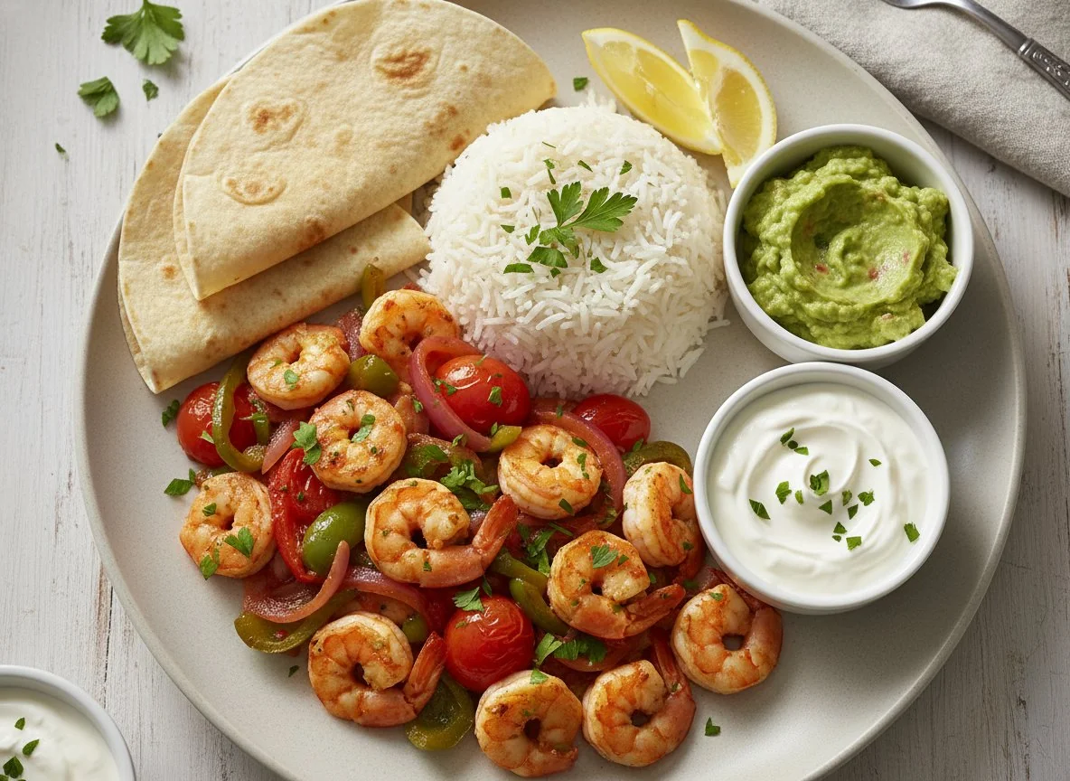 Garnelenpfanne mit Reis und Dips photo