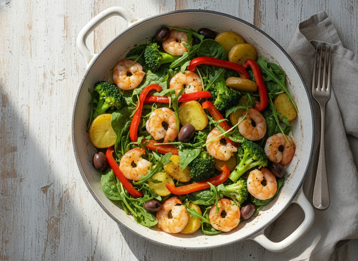 Garnelenpfanne mit Rucola und Gemüse photo