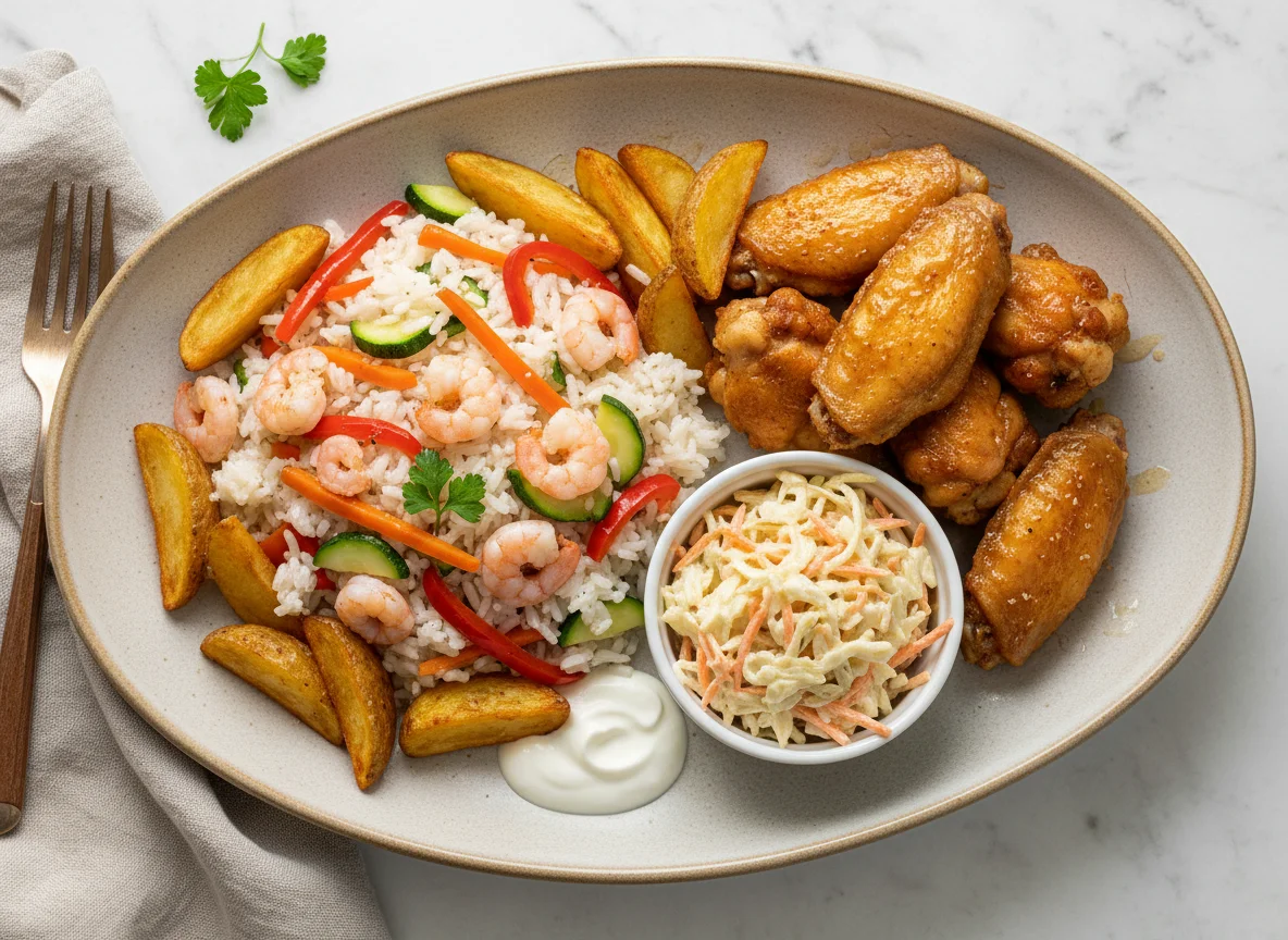 Garnelen-Reis mit Wedges, Hähnchenflügeln und Krautsalat photo