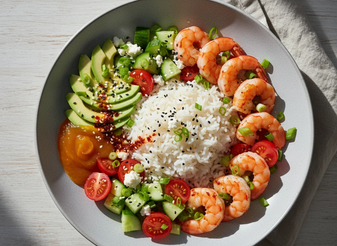 Garnelen-Reis-Bowl mit Avocado und Gemüse photo