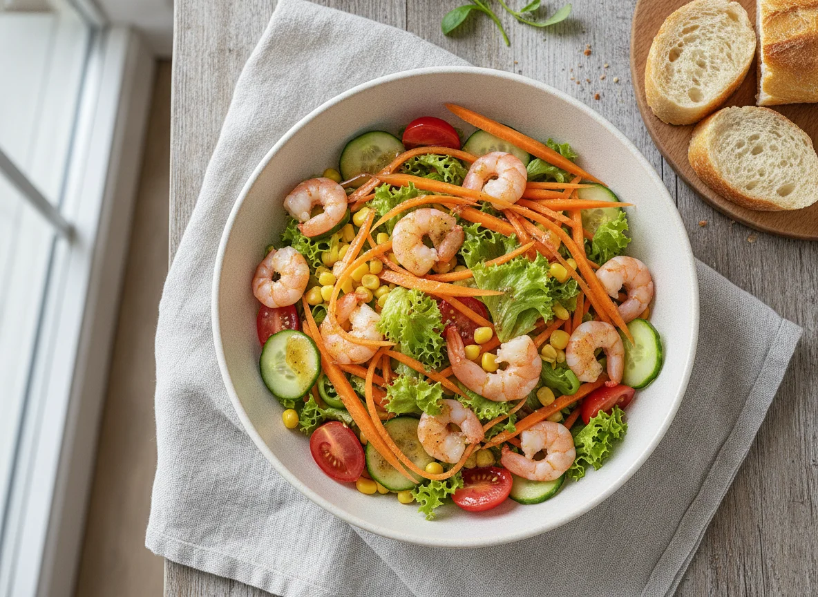 Garnelensalat mit Baguette photo