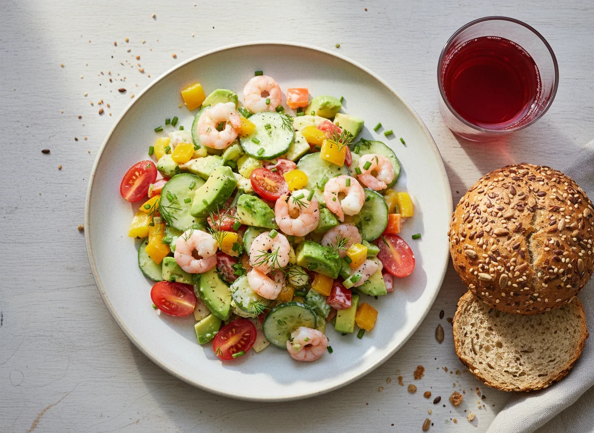 Garnelensalat mit Brötchen und Saft photo