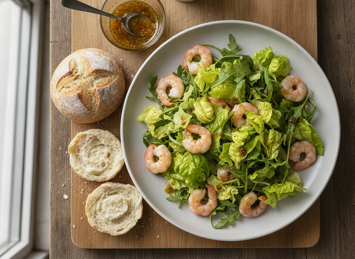 Garnelensalat mit Rucola und Brötchen photo