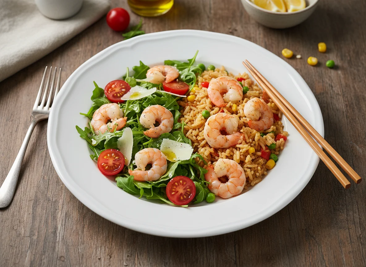 Garnelensalat und gebratener Reis mit Garnelen photo