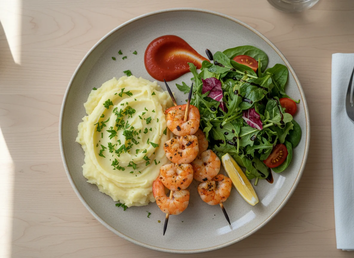 Garnelen-Spieße mit Salat und Kartoffelbrei photo