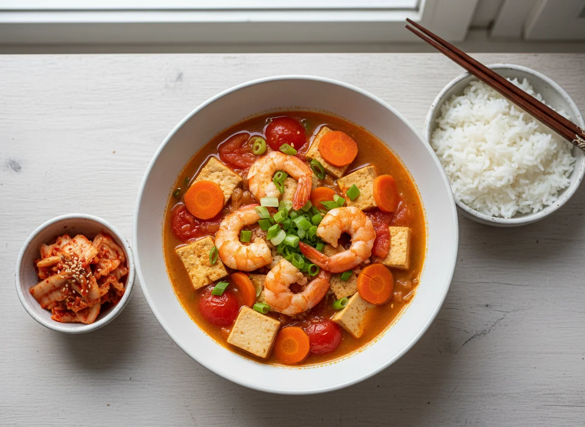 Garnelen-Tofu-Eintopf mit Reis und Beilage photo