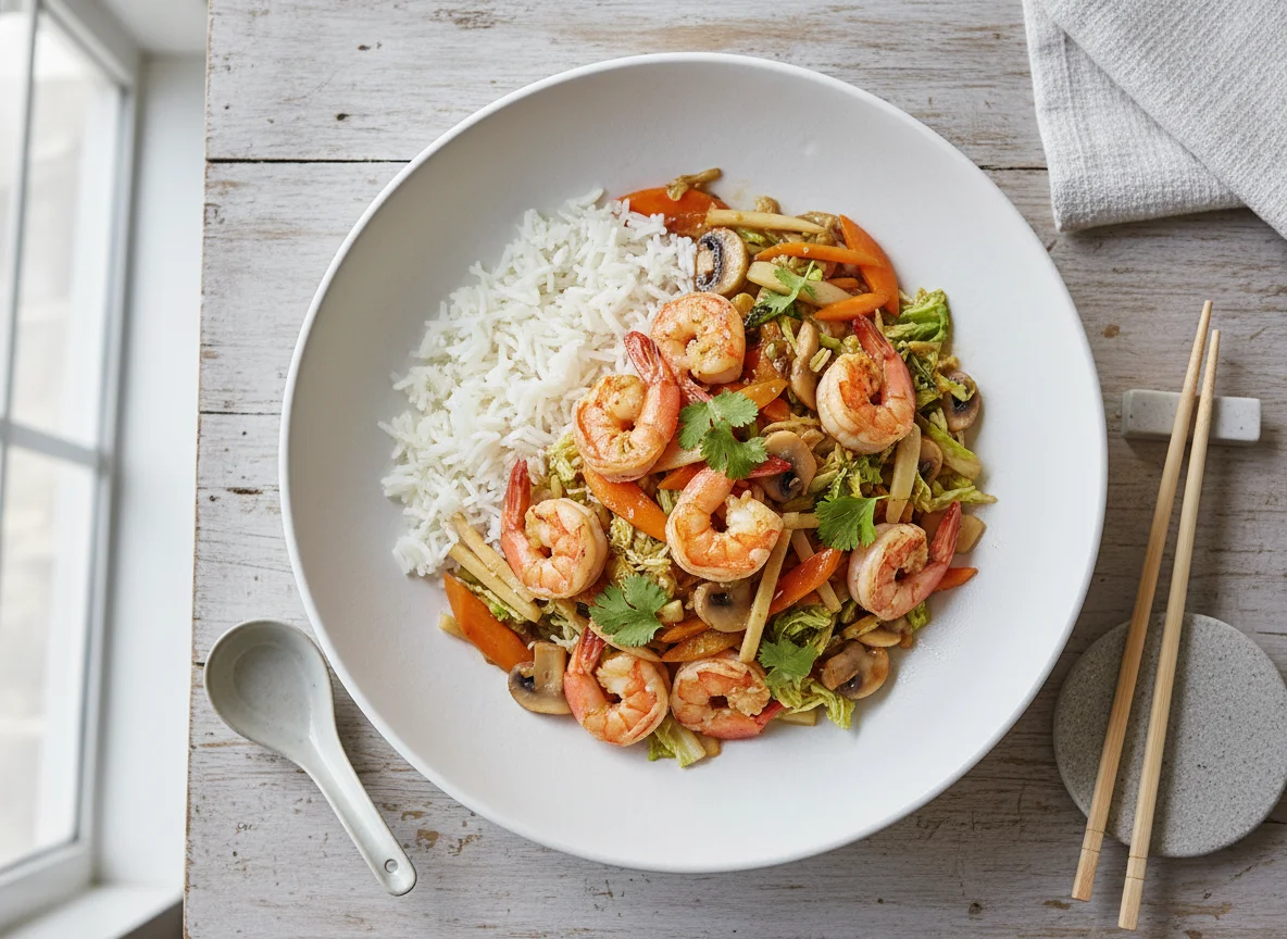 Garnelen-Wok mit Reis photo