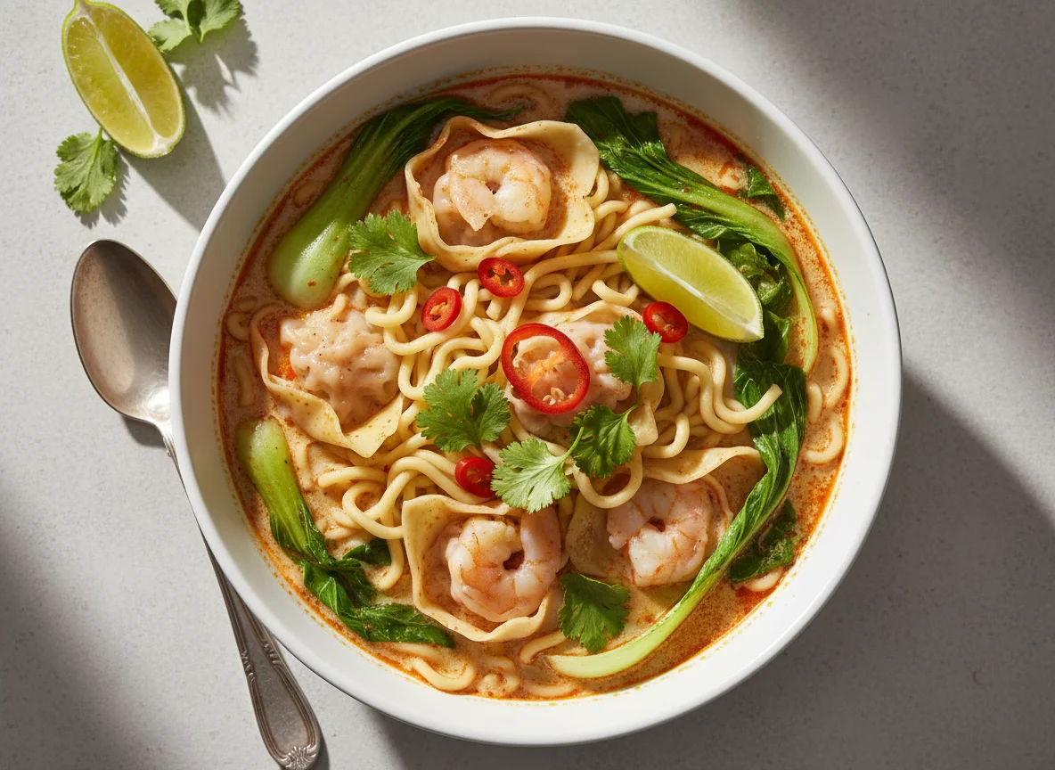 Garnelen-Wonton Tom Yum Nudelsuppe mit Gemüse photo