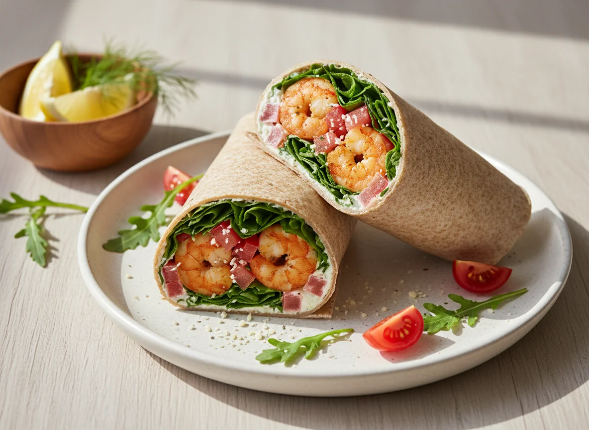 Garnelen-Wrap mit Rucola und Tomaten photo