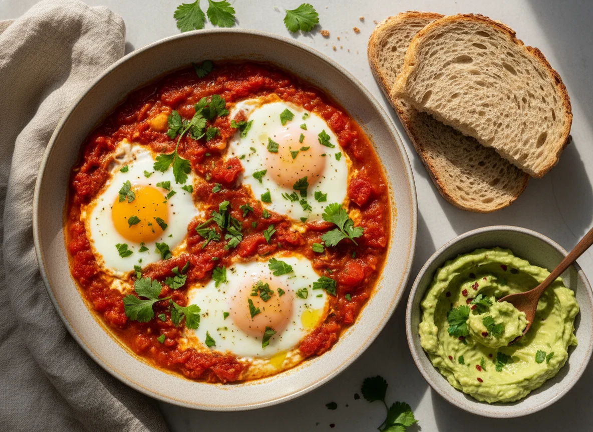 Gebackene Eier mit Tomaten und Brot mit Avocado-Dip photo