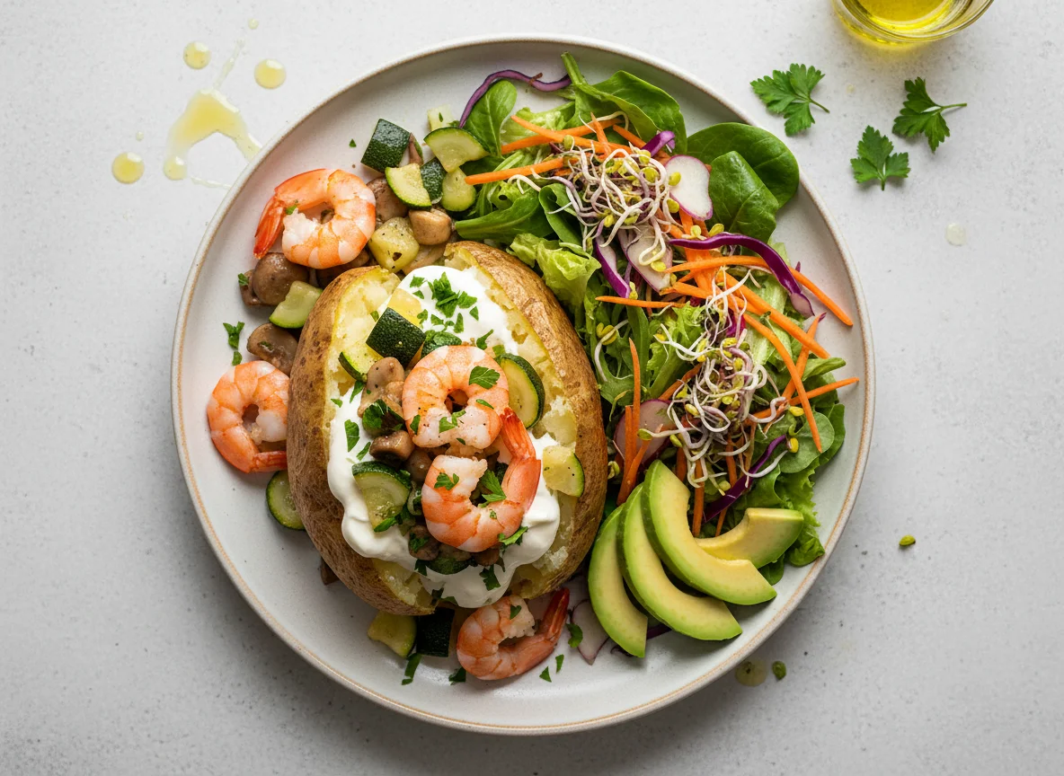 Gebackene Kartoffel mit Garnelen und Salat photo