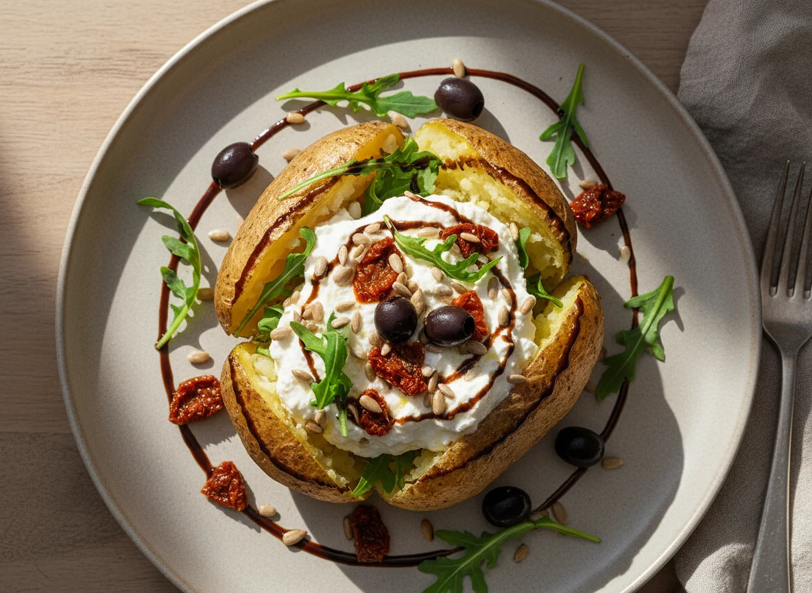 Gebackene Kartoffel mit Quark, Rucola und mediterranen Toppings photo
