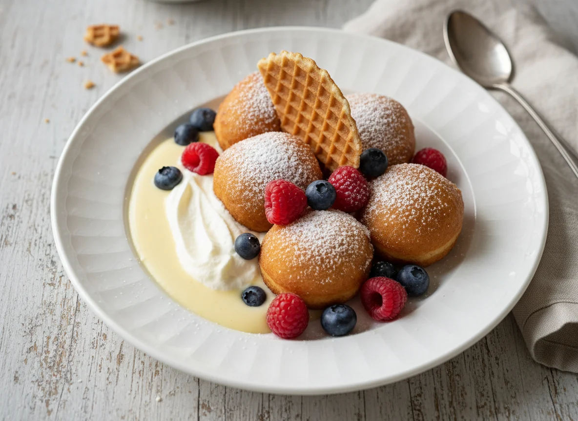 Gebackene Mäuse mit Vanillesauce und Beeren photo