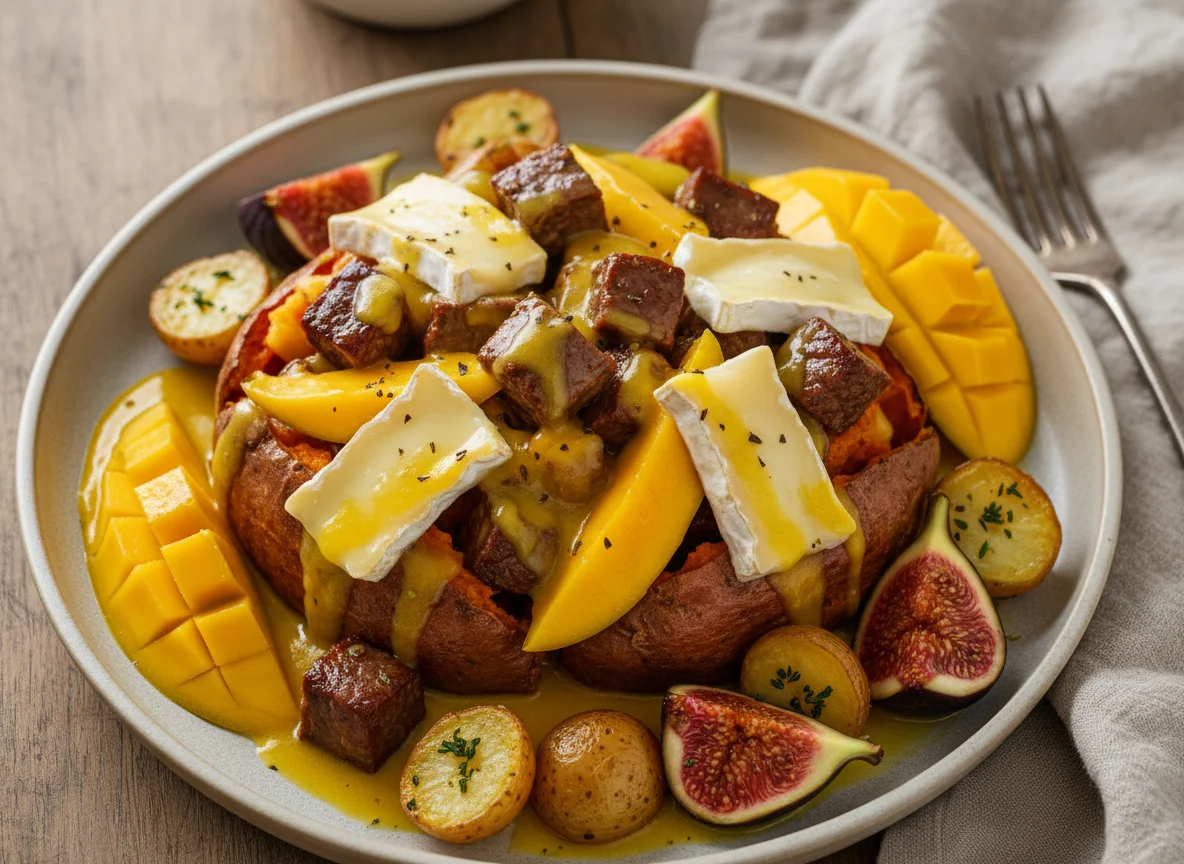 Gebackene Süßkartoffel mit Fleisch, Käse und Früchten photo