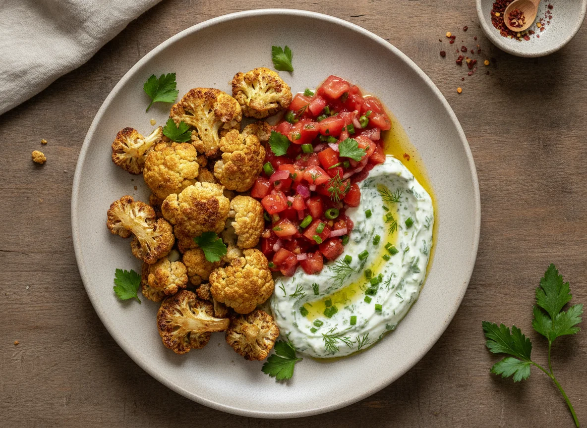 Gebackener Blumenkohl mit Tomaten-Salsa und Kräutersauce photo