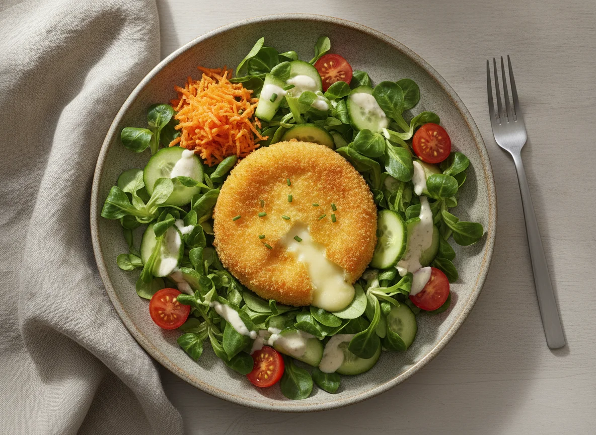 Gebackener Camembert auf gemischtem Salat photo