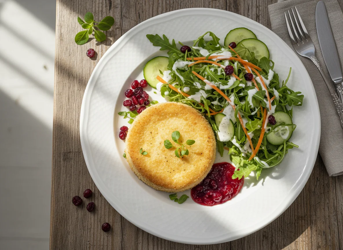 Gebackener Camembert mit gemischtem Salat und Preiselbeeren photo
