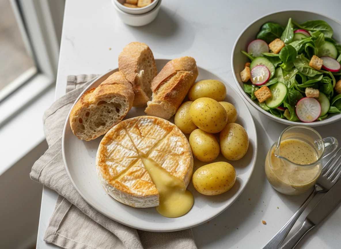 Gebackener Camembert mit Kartoffeln, Beilagensalat und Baguette photo