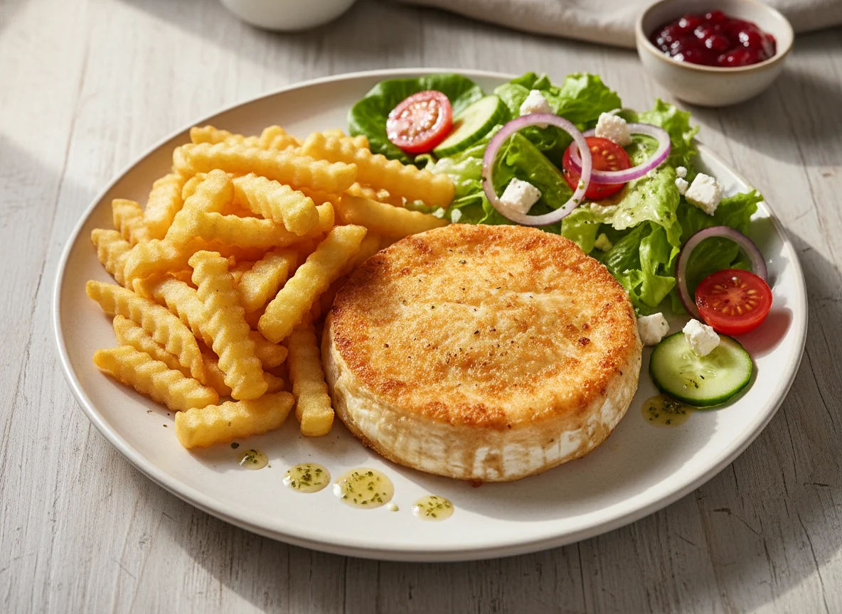 Gebackener Camembert mit Pommes und Salat photo