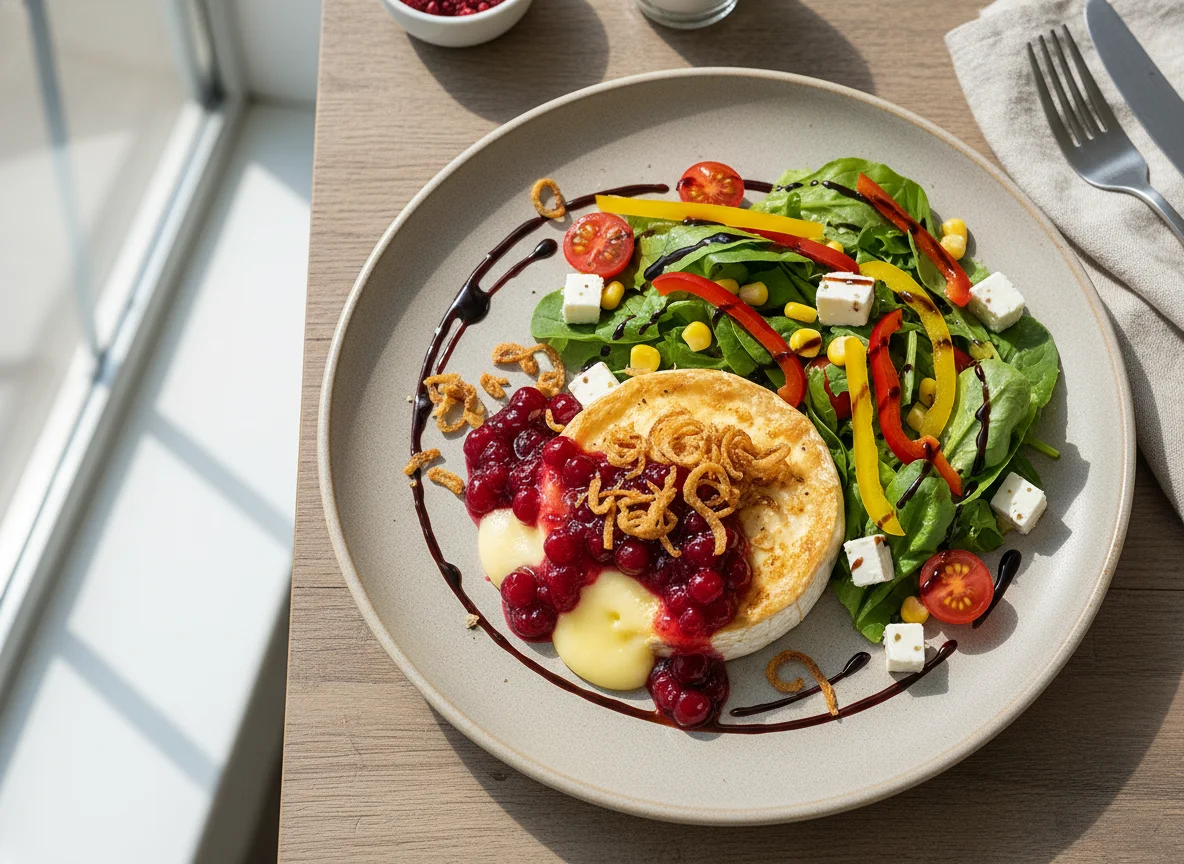 Gebackener Camembert mit Preiselbeeren und gemischtem Salat photo