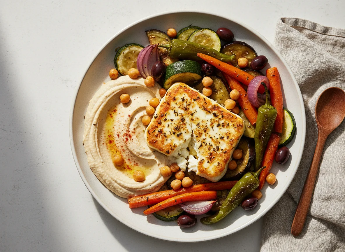 Gebackener Feta mit geröstetem Gemüse und Hummus photo