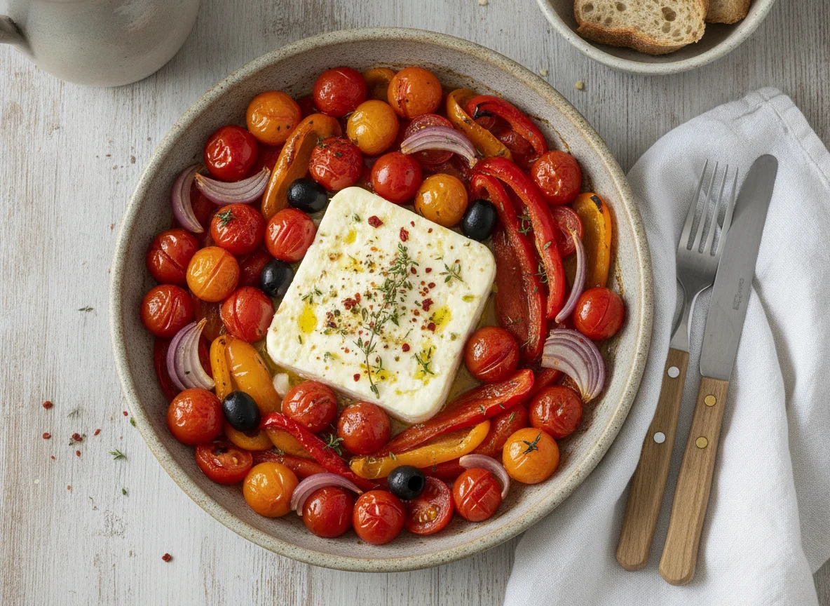 Gebackener Feta mit Kirschtomaten und Paprika photo