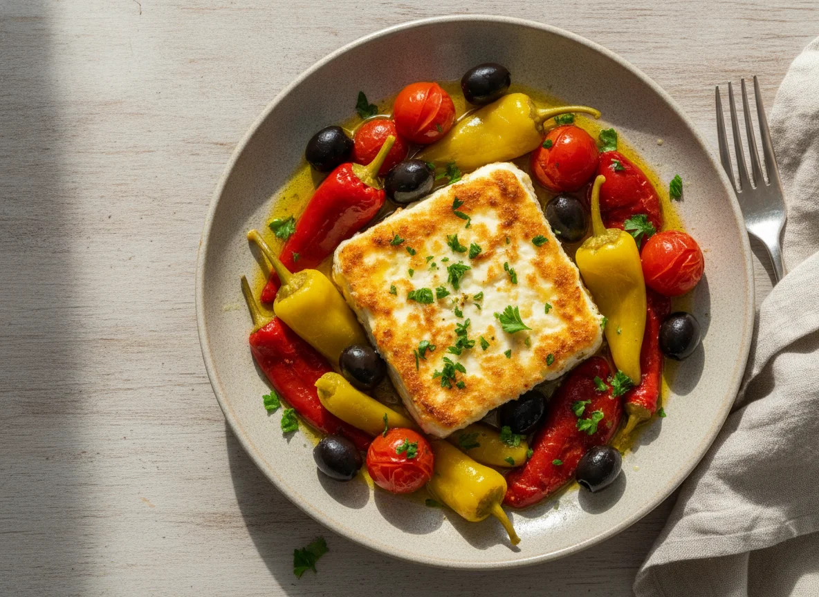 Gebackener Feta mit Peperoni und Oliven photo
