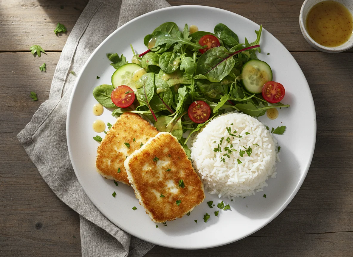 Gebackener Feta mit Reis und gemischtem Salat photo