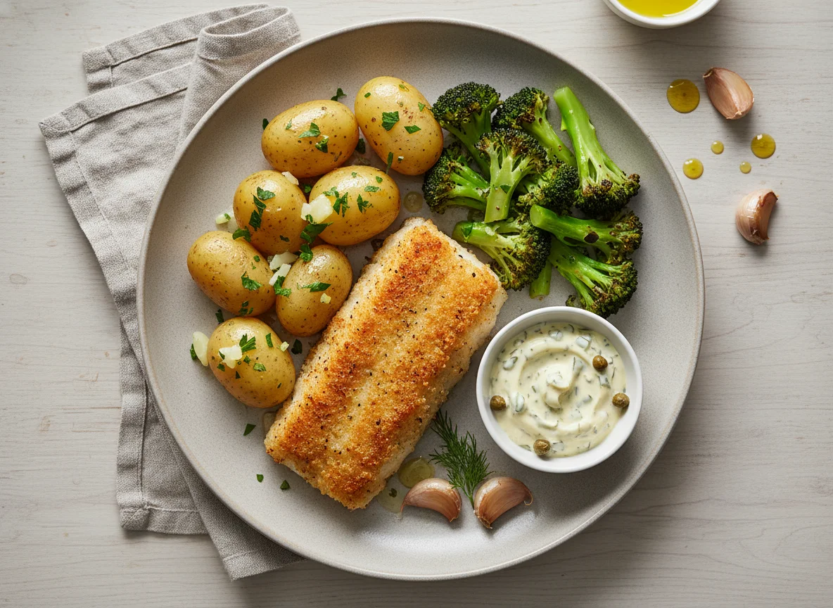 Gebackener Fisch mit Brokkoli, Salzkartoffeln und Remoulade photo